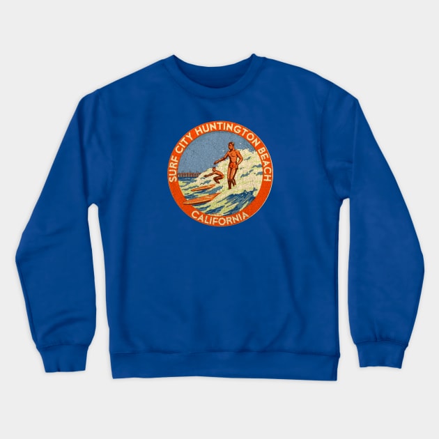 Huntington Beach vintage Souvenir decal Crewneck Sweatshirt by Midcenturydave